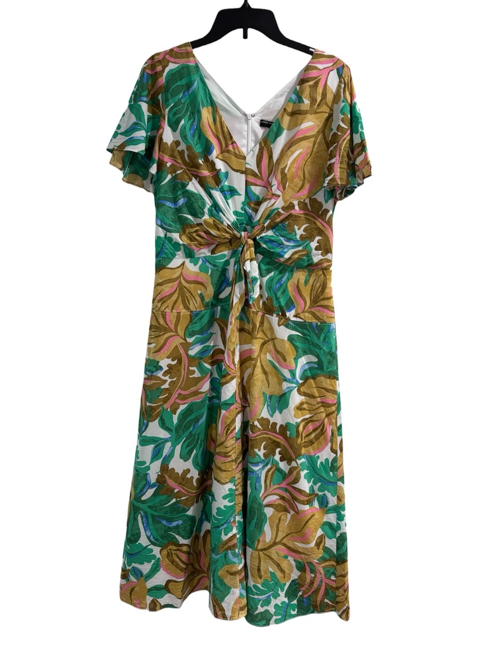 Maggy London Tropical Leaf Print V-neck Flare Midi Dress Tie Front Womens Size 8